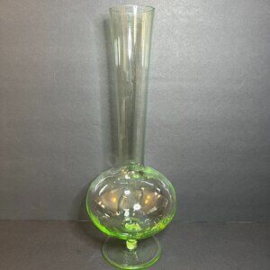 Vintage MCM Decorative Green Glass Flute Top Round Footed Bulb Vase 12"